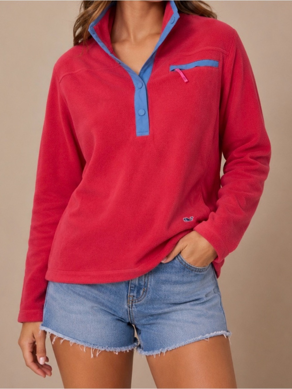 Vineyard Vines Raspberry Fleece Pullover with Sky Blue Trim
